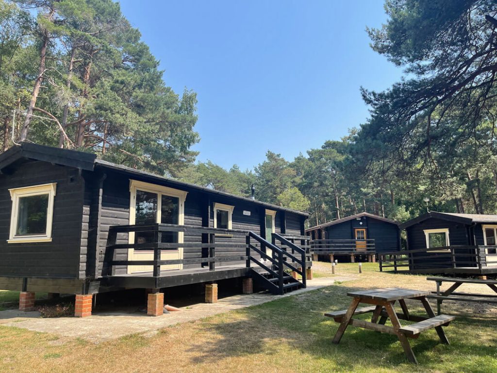 Lodge in the new forest at avon tyrrell with trees and nature - picnic bench and fire pit infront of lodge