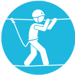 Light blue vector logo graphic with a person wearing helmet walking along a high rope and attached with harness and rope
