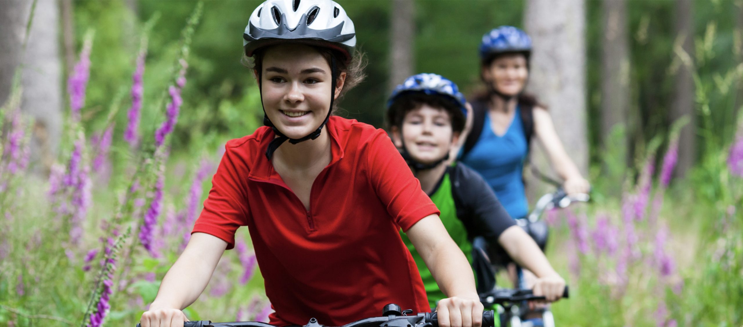 Young women in focus at front of image cycling on a bike through flower field wearing a helmet - younger boy and adult cycling wearing helmets behind