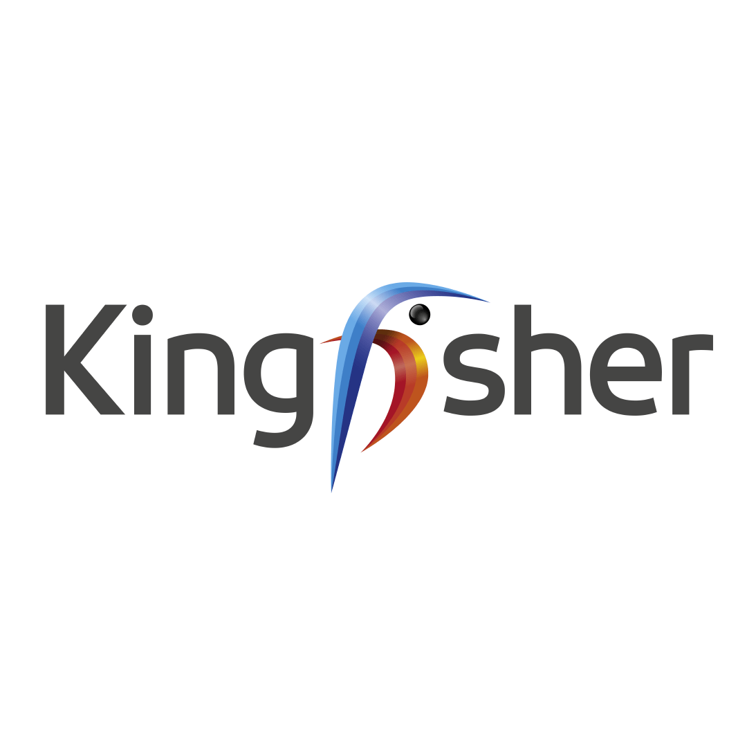 Kingfisher logo - the letter F looks like a king fisher with blue and organge colours