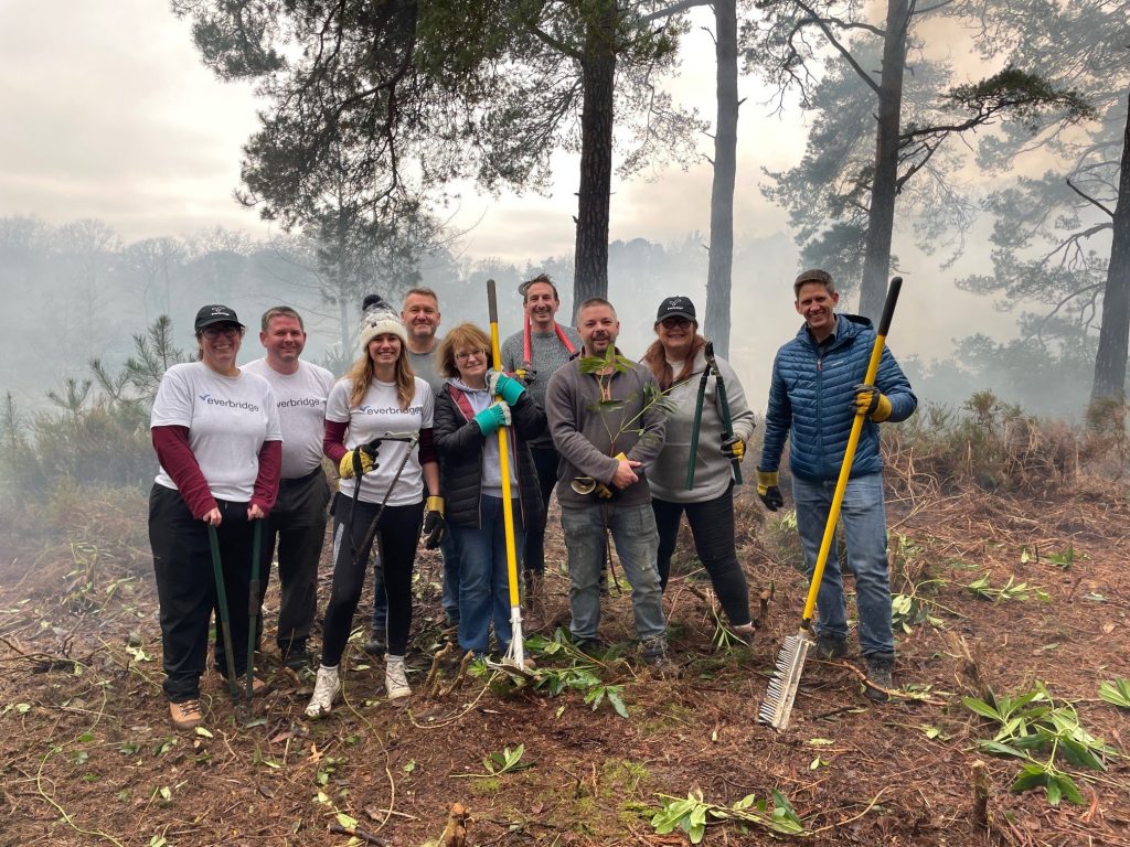 "Group of eight people volunteering in an outdoor woodland area, engaged in clearing vegetation. Some are holding tools such as loppers, rakes, and saws, with cut branches and leaves scattered on the ground. The background features tall trees and a misty atmosphere, indicating recent clearing or controlled burning. Several people are wearing gloves and shirts branded with 'Everbridge,' suggesting a corporate volunteer event."